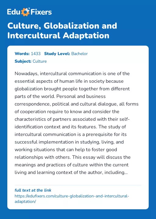 Culture, Globalization and Intercultural Adaptation - Essay Preview
