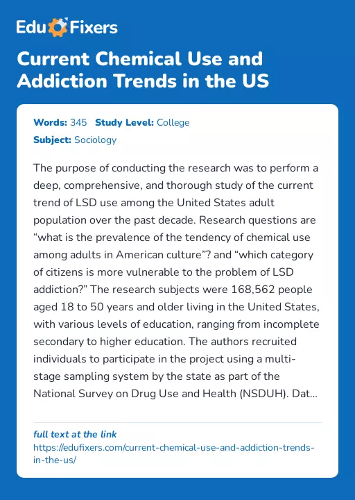 Current Chemical Use and Addiction Trends in the US - Essay Preview