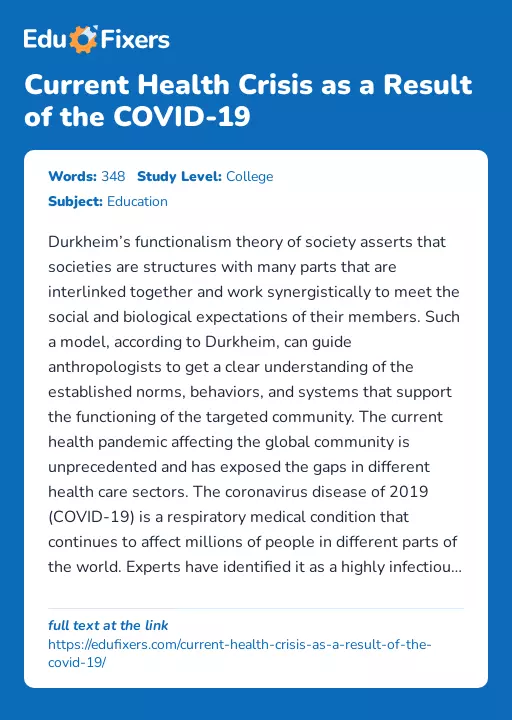 Current Health Crisis as a Result of the COVID-19 - Essay Preview