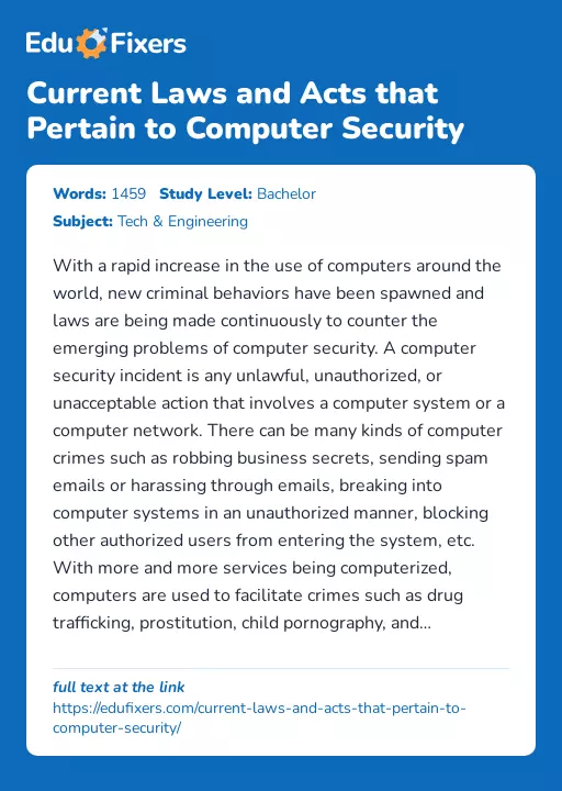 Current Laws and Acts that Pertain to Computer Security - Essay Preview