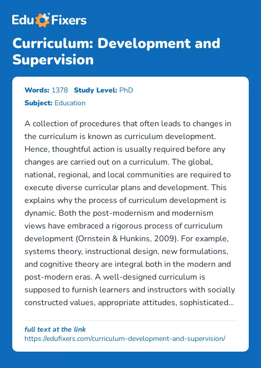Curriculum: Development and Supervision - Essay Preview