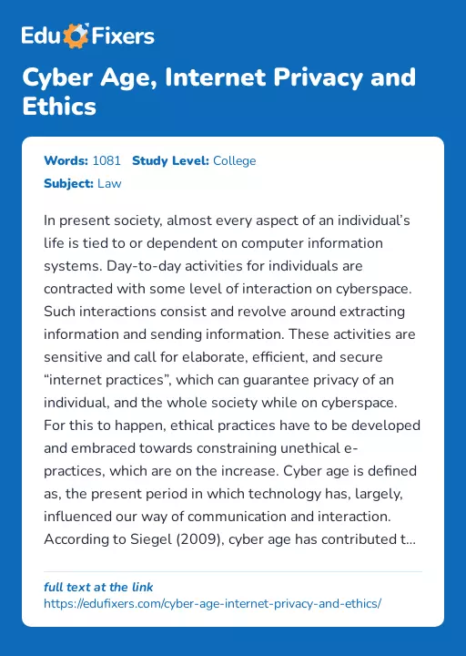 Cyber Age, Internet Privacy and Ethics - Essay Preview