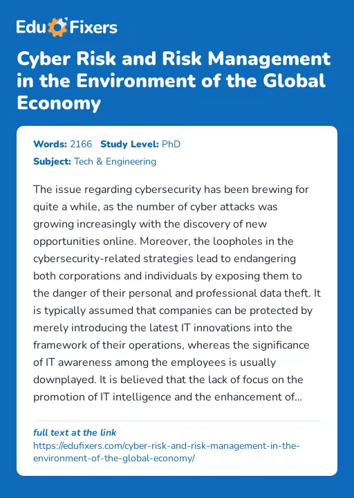 Cyber Risk and Risk Management in the Environment of the Global Economy - Essay Preview
