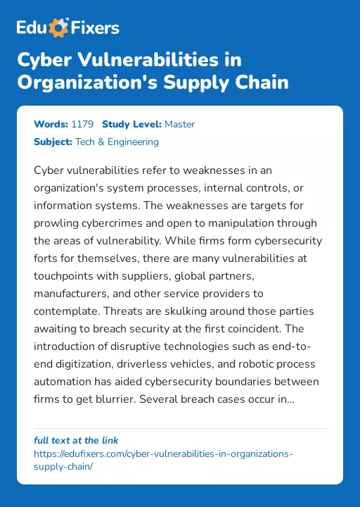 Cyber Vulnerabilities in Organization's Supply Chain - Essay Preview