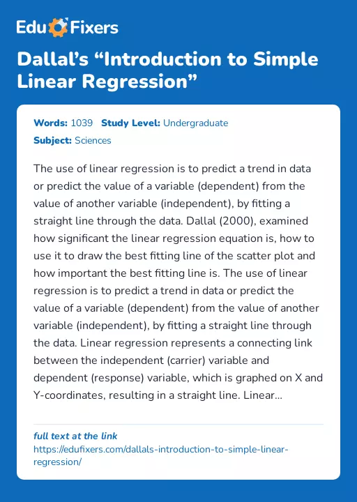 Dallal’s “Introduction to Simple Linear Regression” - Essay Preview