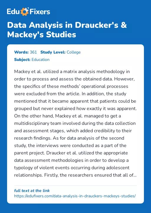 Data Analysis in Draucker's & Mackey's Studies - Essay Preview