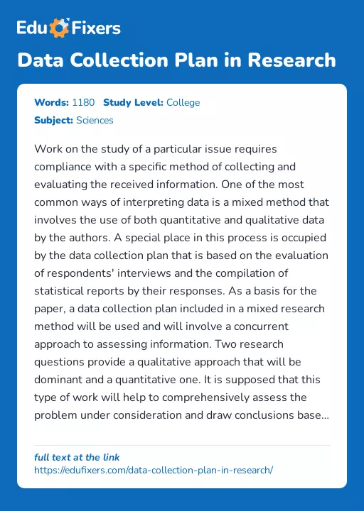 Data Collection Plan in Research - Essay Preview