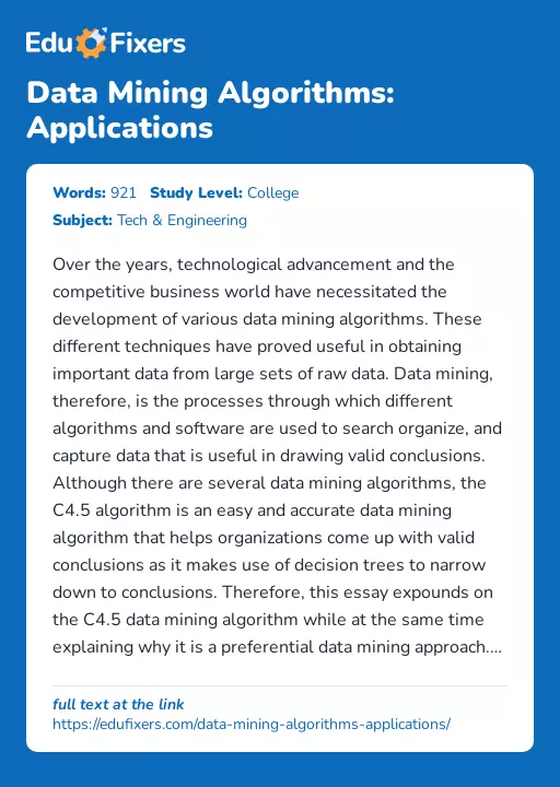 Data Mining Algorithms: Applications - Essay Preview