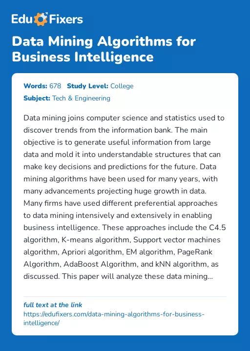 Data Mining Algorithms for Business Intelligence - Essay Preview