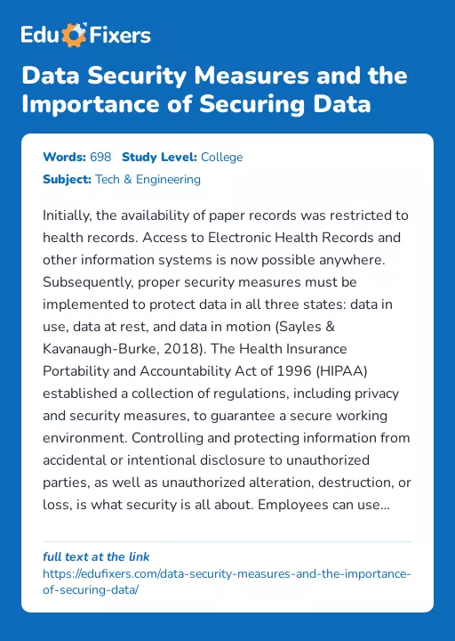 Data Security Measures and the Importance of Securing Data - Essay Preview