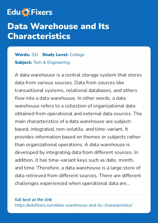 Data Warehouse and Its Characteristics - Essay Preview