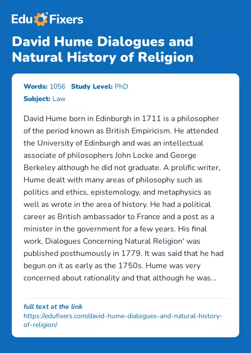 David Hume Dialogues and Natural History of Religion - Essay Preview