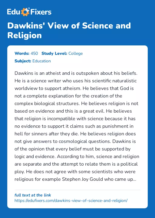 Dawkins' View of Science and Religion - Essay Preview