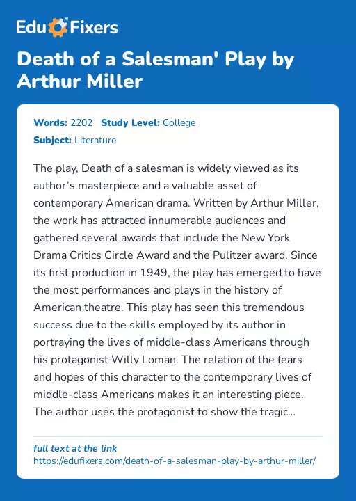 Death of a Salesman' Play by Arthur Miller - Essay Preview