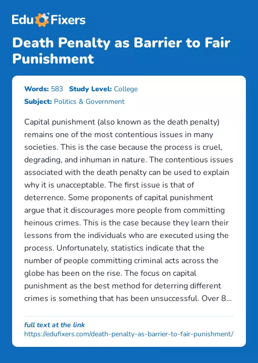 Death Penalty as Barrier to Fair Punishment - Essay Preview
