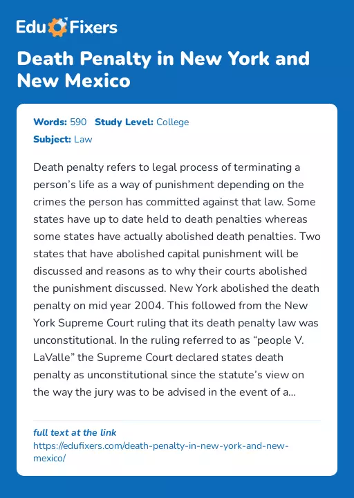Death Penalty in New York and New Mexico - Essay Preview