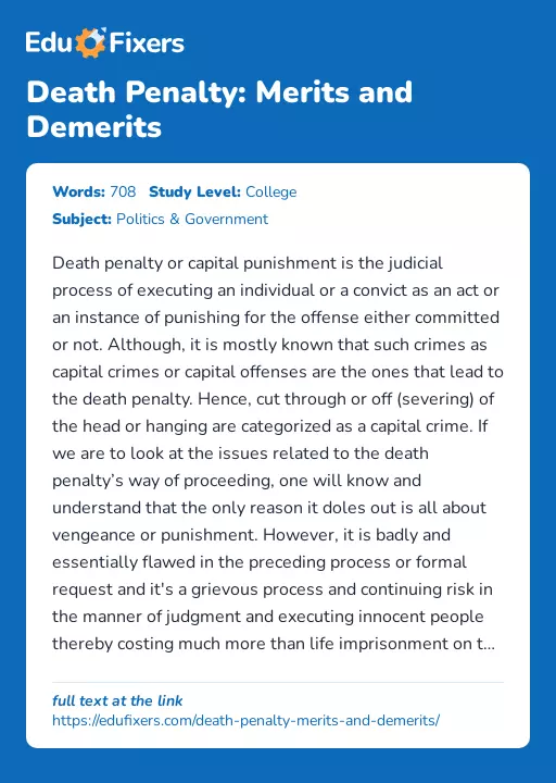 Death Penalty: Merits and Demerits - Essay Preview