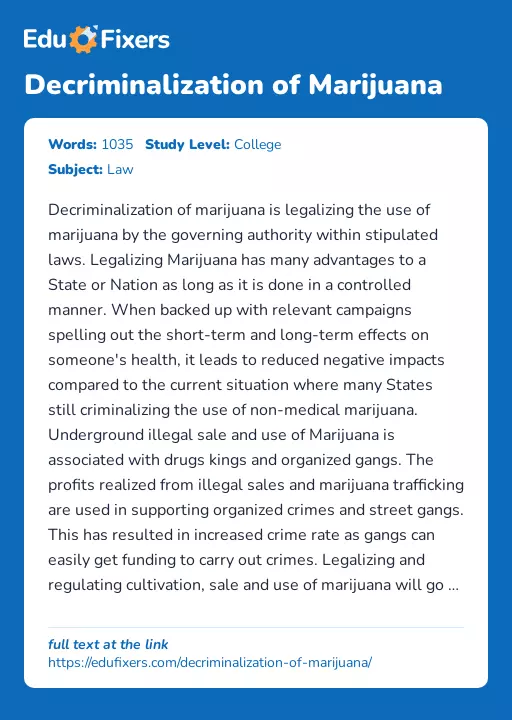 Decriminalization of Marijuana - Essay Preview