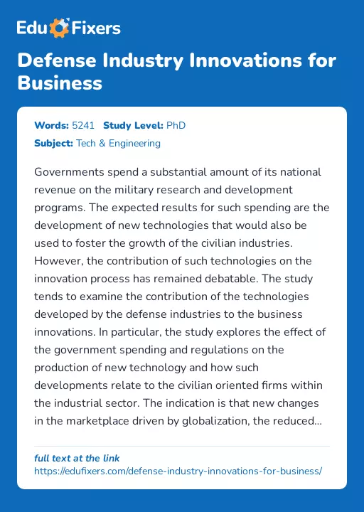 Defense Industry Innovations for Business - Essay Preview
