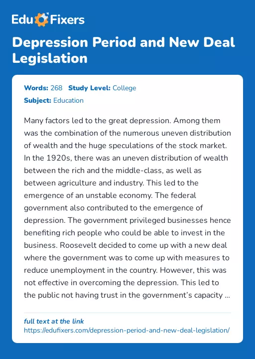 Depression Period and New Deal Legislation - Essay Preview