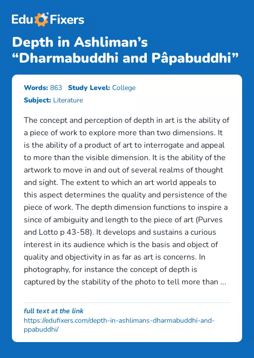 Depth in Ashliman’s “Dharmabuddhi and Pâpabuddhi” - Essay Preview