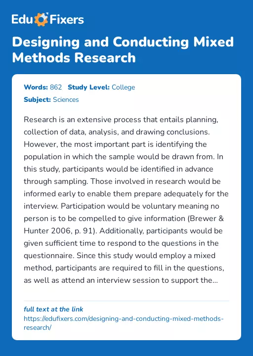 Designing and Conducting Mixed Methods Research - Essay Preview