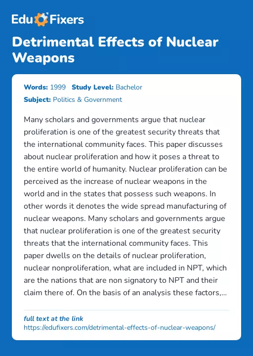 Detrimental Effects of Nuclear Weapons - Essay Preview