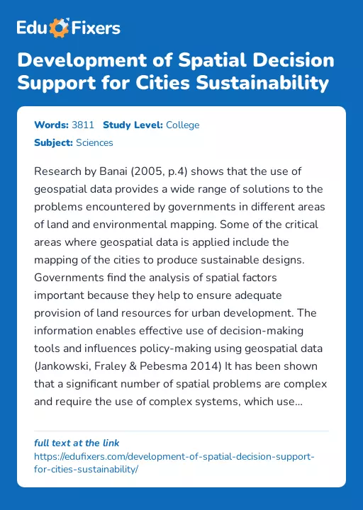 Development of Spatial Decision Support for Cities Sustainability - Essay Preview