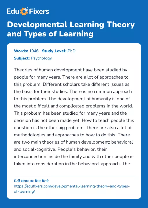 Developmental Learning Theory and Types of Learning - Essay Preview