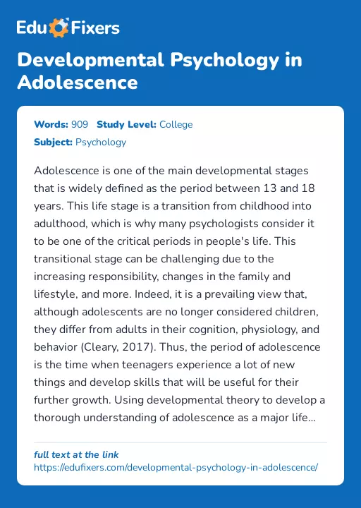 Developmental Psychology in Adolescence - Essay Preview