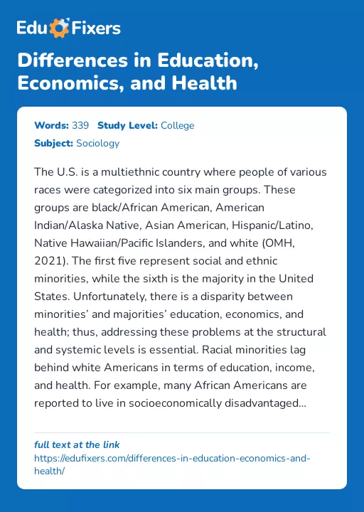 Differences in Education, Economics, and Health - Essay Preview