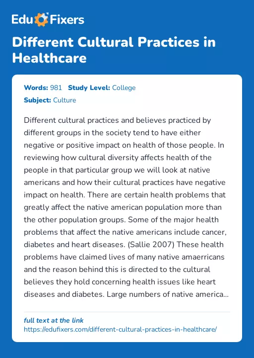 Different Cultural Practices in Healthcare - Essay Preview