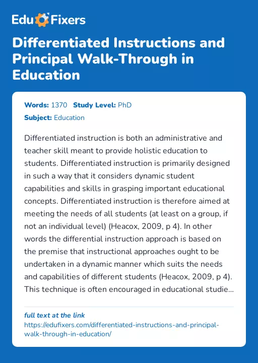 Differentiated Instructions and Principal Walk-Through in Education - Essay Preview