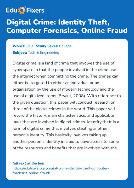 Digital Crime: Identity Theft, Computer Forensics, Online Fraud - Essay Preview