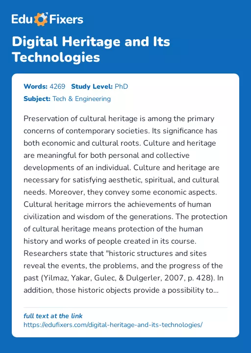 Digital Heritage and Its Technologies - Essay Preview