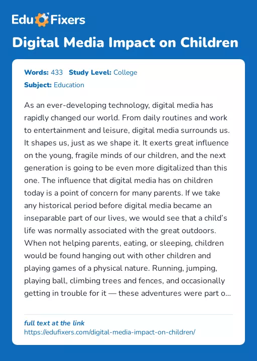 Digital Media Impact on Children - Essay Preview