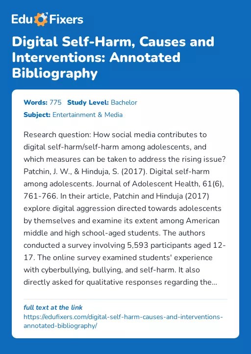 Digital Self-Harm, Causes and Interventions: Annotated Bibliography - Essay Preview