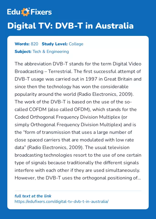 Digital TV: DVB-T in Australia - Essay Preview