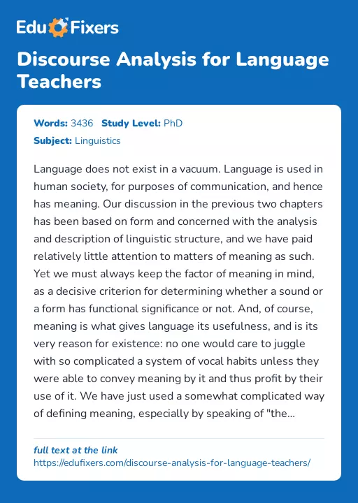 Discourse Analysis for Language Teachers - Essay Preview