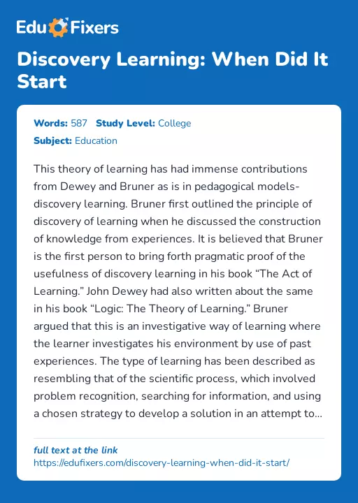 Discovery Learning: When Did It Start - Essay Preview