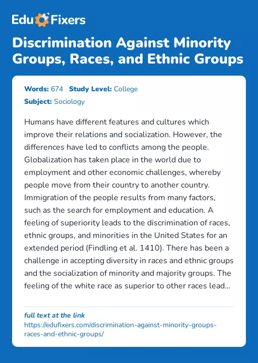 Discrimination Against Minority Groups, Races, and Ethnic Groups - Essay Preview