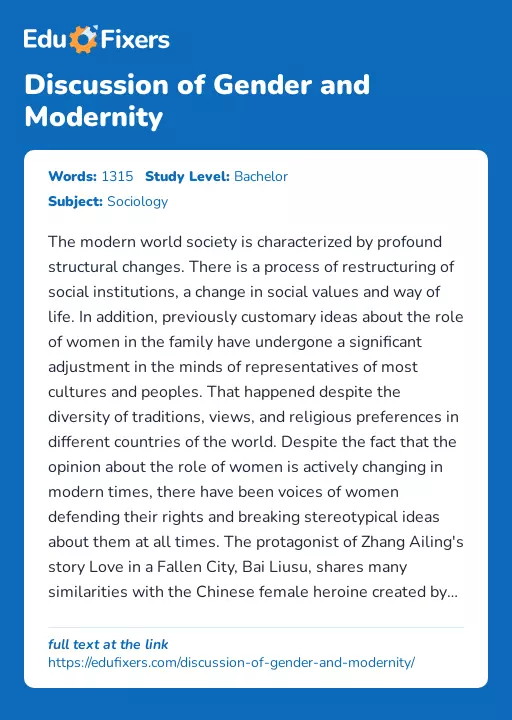 Discussion of Gender and Modernity - Essay Preview