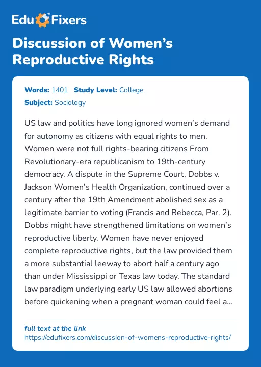 Discussion of Women’s Reproductive Rights - Essay Preview