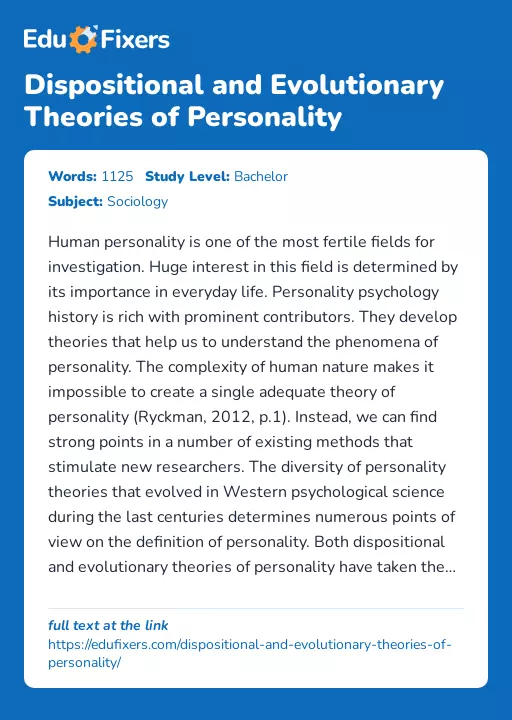 Dispositional and Evolutionary Theories of Personality - Essay Preview