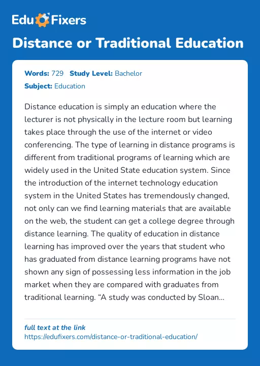 Distance or Traditional Education - Essay Preview