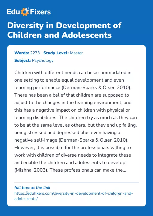 Diversity in Development of Children and Adolescents - Essay Preview
