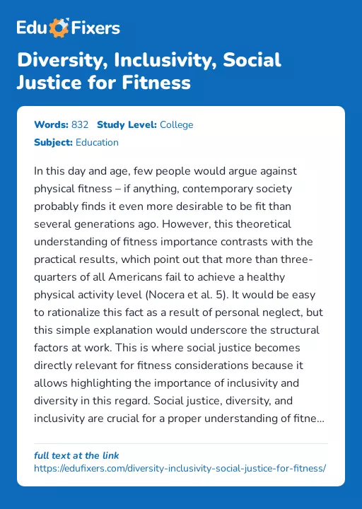 Diversity, Inclusivity, Social Justice for Fitness - Essay Preview
