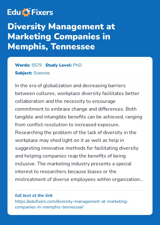 Diversity Management at Marketing Companies in Memphis, Tennessee - Essay Preview