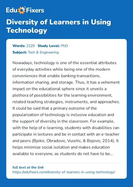 Diversity of Learners in Using Technology - Essay Preview
