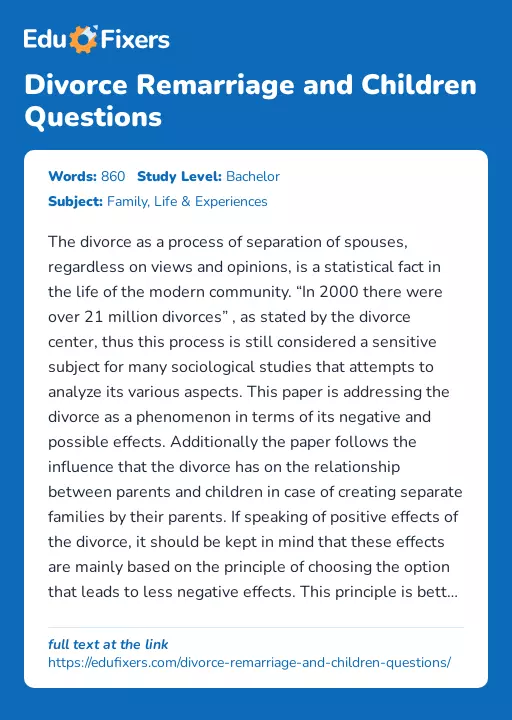 Divorce Remarriage and Children Questions - Essay Preview
